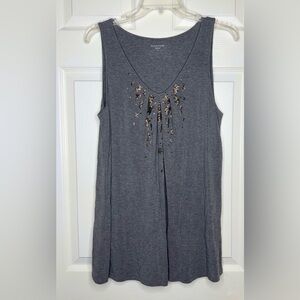 EILEEN FISHER Gray Brown Bead Sleeveless V-neck Tank Top Tunic Shirt Sz Medium